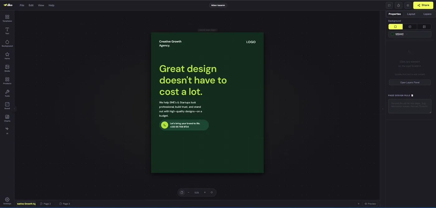 Dika Studio design editor with a green campaign design and page tabs