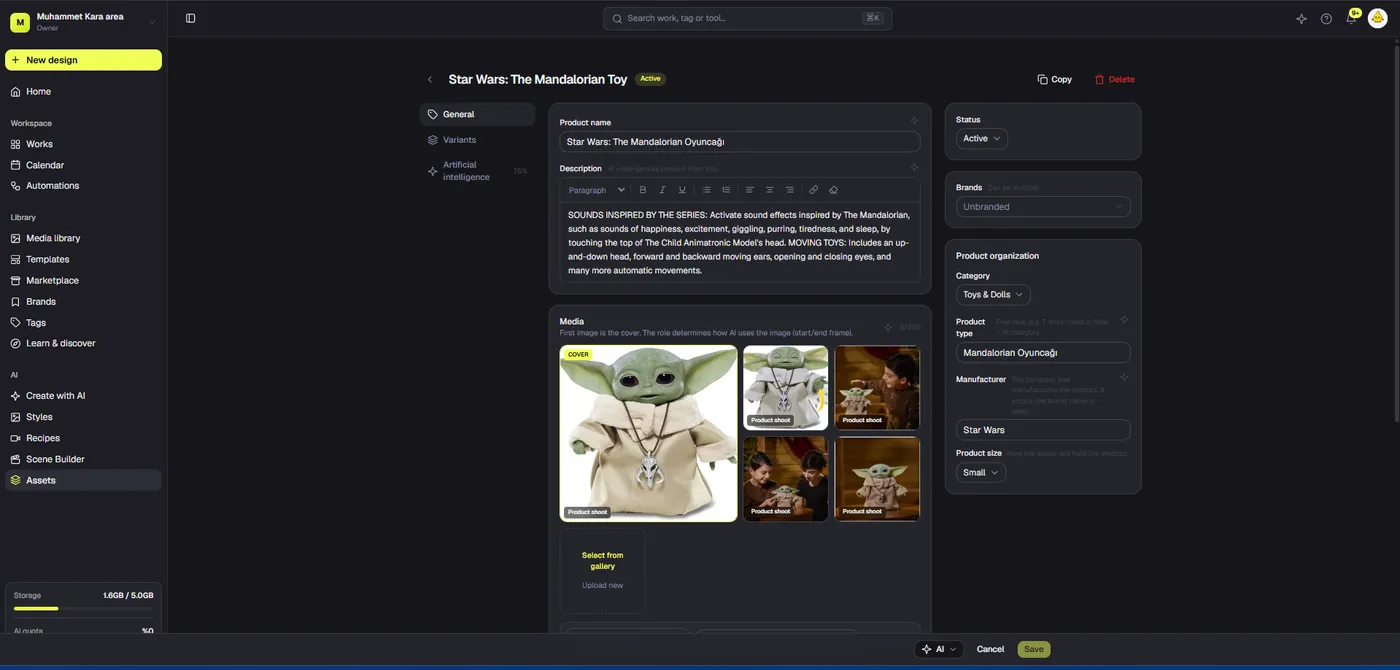 Dika Studio product record showing product details and multiple reference media images